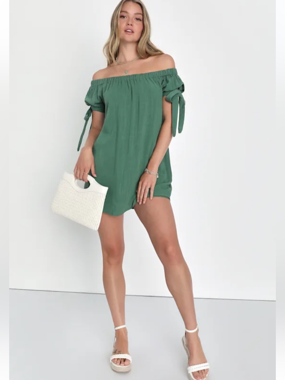 Lulus Al Fresco Evenings Olive Green Off-the-Shoulder Dress